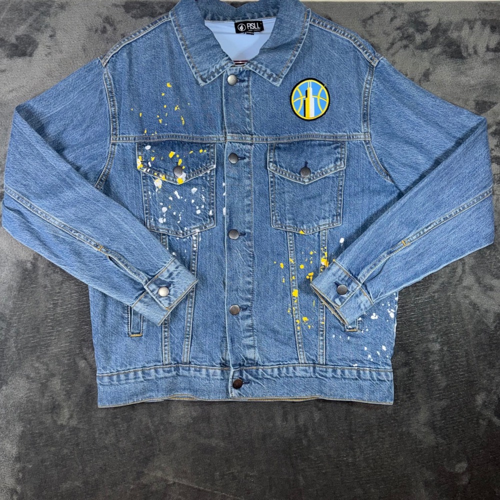 Womens Medium FISLL Chicago Sky Angel Reese Denim Jacket Blue Paint Splat